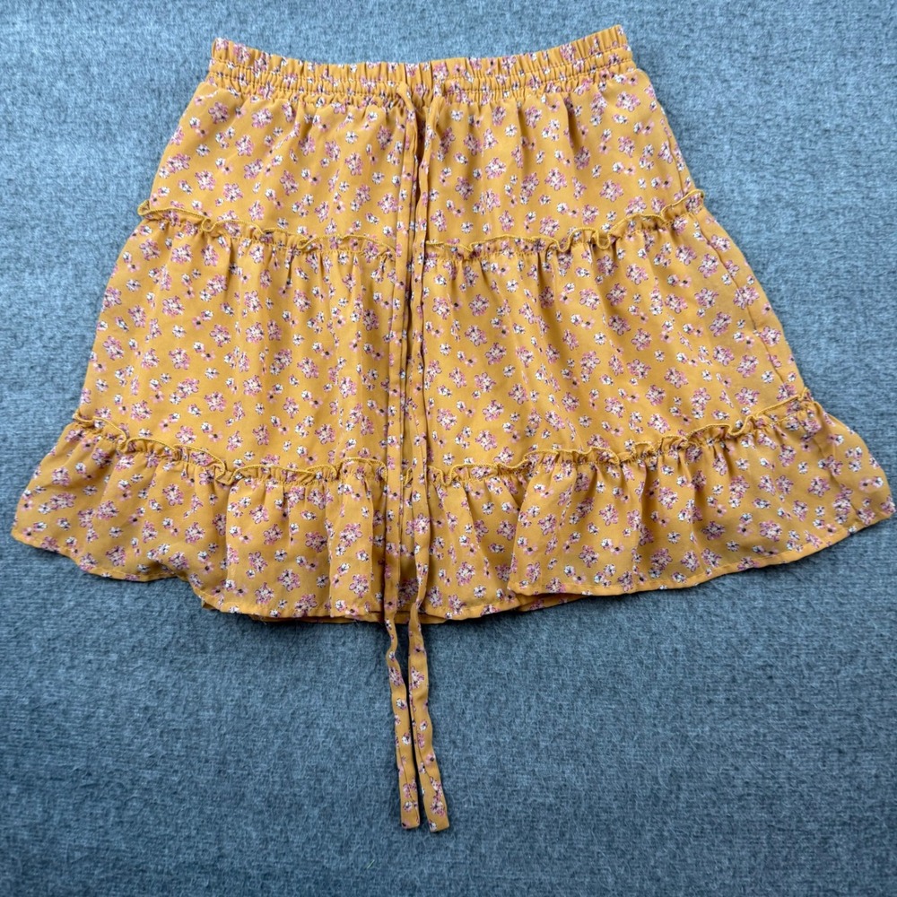 Sienna Sky Tiered Mini Skirt Women Small Mustard Yellow Floral Ruffle Drawstring
